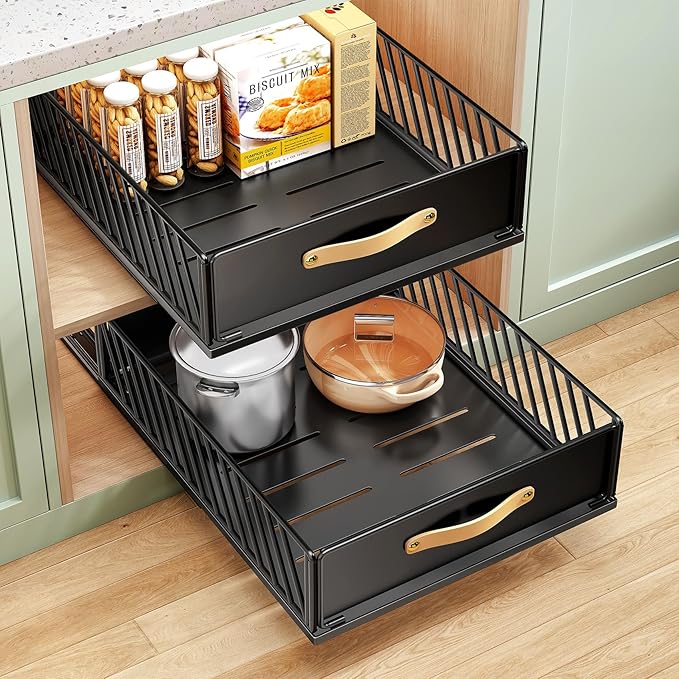 Pull out Cabinet Organizer Fixed with Adhesive Nano Film,Heavy Duty Slide out Pantry Shelves Drawer Storage,Sliding Mesh Cabinet Basket with Handle for Kitchen, Bathroom,Home, 13.8"W X 21"D X6.2"H