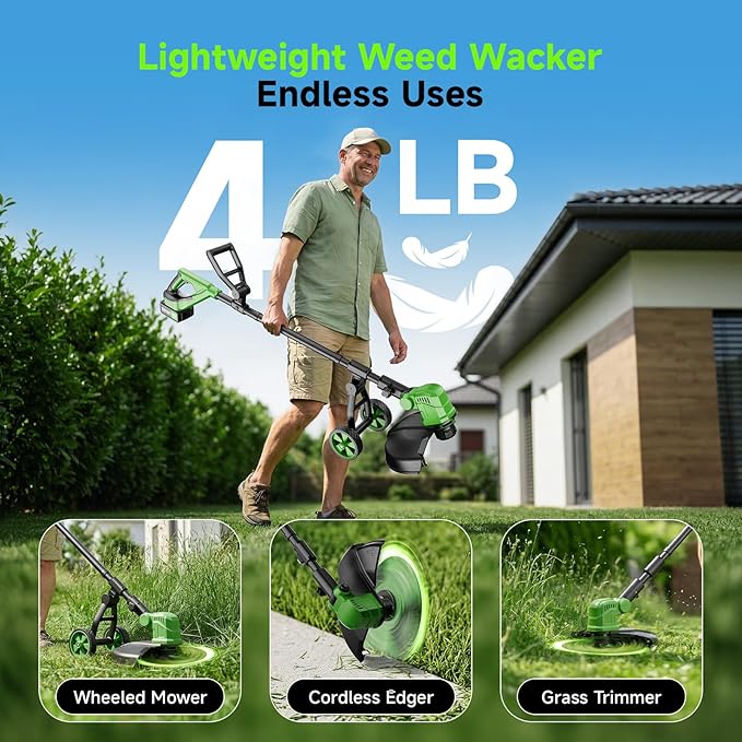 14'' Electric Weed Wacker Cordless, 20000RPM Wheeled String Trimmer Weed Eater Battery Powered, 3 in 1 Lightweight Cordless Edger Grass Trimmer Weed Trimmer with 8 Replacement Spools for Garden, Lawn