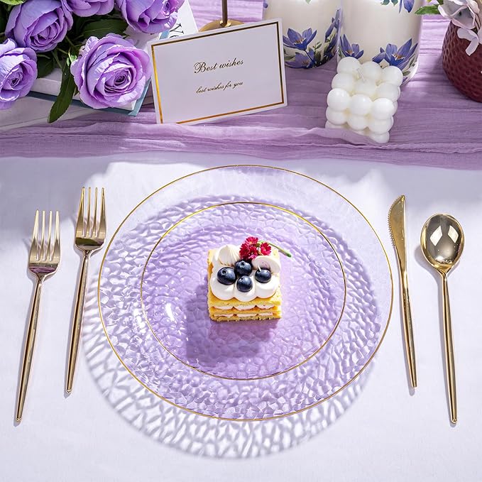 Rubtlamp 60Pcs Clear Purple Gold Plastic Plates, Purple Disposable Plates With Gold Rim, Hammered Plastic Plates Include 30 Clear Dessert Plates, 30 Dinner Plates for Party