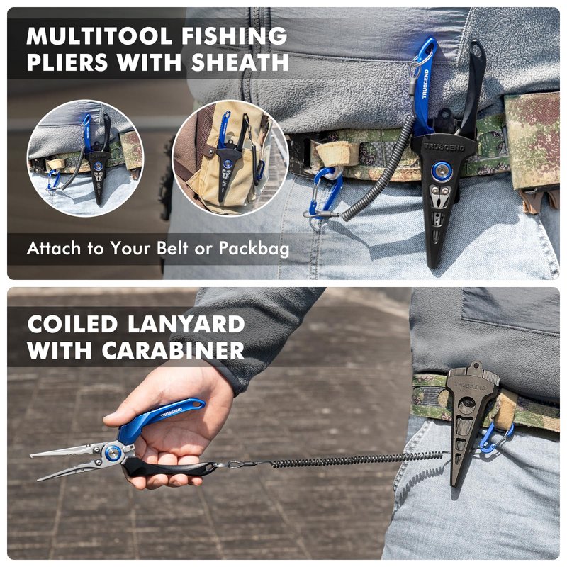 TRUSCEND Lockable Fishing Pliers with High Tungsten Carbide Cutter, Innovative Ergonomic Handy Handle, Saltwater Corrosion Resistant Teflon Coated Fishing Tool, Super Light Multi-Function Fishing Gear