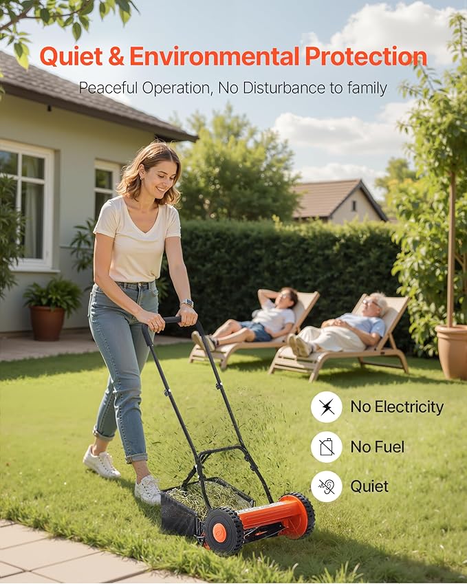 VEVOR Push Reel Lawn Mower 16 inch, 5 Blades Manual Push Mower No Motor, 0.6-1.75 in Adjustable Cutting Height, Walk-Behind Lawn Mowers with Grass Catcher Bag for Green Lawns, Driveways, Courtyards