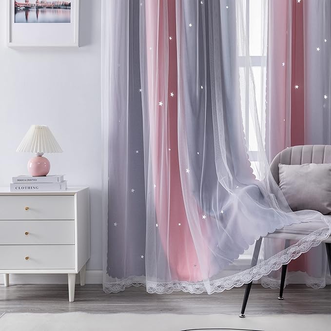 XiDi Curtains for Bedroom Decor, Rainbow Pink-Grey-34-54