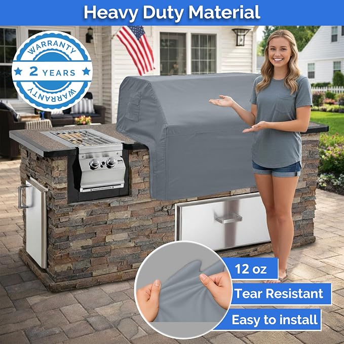 Covers & All Built-in Grill Cover for Outdoor Grill – Heavy Duty 12 oz Waterproof Built-in BBQ Grill Cover, PVC-Coated Polyester with Elastic Hem for Snug Fit (42 x 28 x 24 inches, Grey)