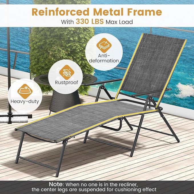 Giantex Lounge Chair Outdoor Set of 2 - Tanning Chair with 6 Adjustable Backrest, 2-Level Footrest, Folding Sunbathing Lounger for Patio, Poolside, Yard, Chaise Lounge Chair, Beach Chair (Grey)