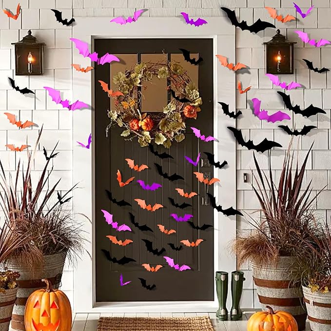 FANDAMEI 140PCS Halloween Bats Wall Decor, Bats Decoration, 5 Sizes 3 Colors Bat Decor Party, 3D Bat Wall Decor for Halloween Indoor Outdoor. Sticky Bats Home, Bat Stickers for Window(140PCS)