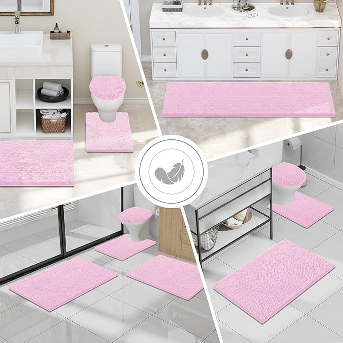 Smiry Luxury Chenille Bathroom Rugs 59x35, Extra Soft and Absorbent Shaggy Bath Mat, Machine Washable, Non-Slip Plush Carpet Runner for Tub, Shower, and Floor, Home Decor Accessories, Pink