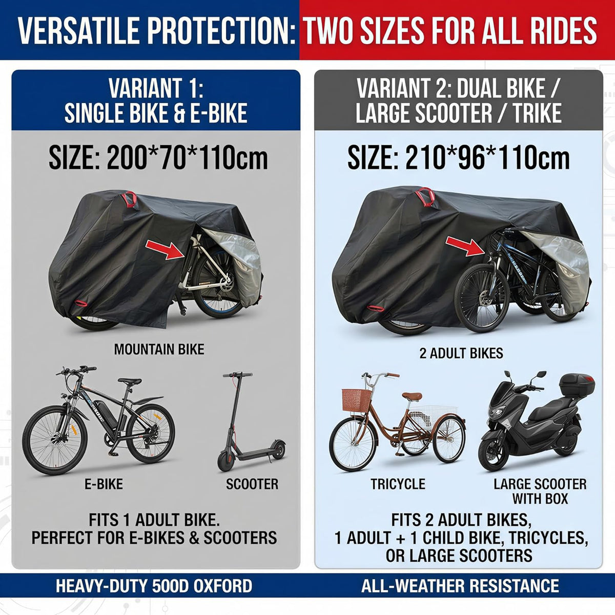 Skiennix Bike Cover - 500D Heavy Duty Waterproof Protection | Fits 1-3 Bikes, Windproof & Reflective Strips
