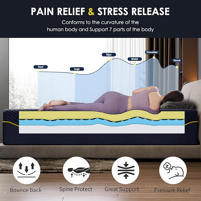 Queen Mattress 12 Inch Memory Foam Medium with Green Tea Cooling Gel, CertiPUR-US Certified, Breathable & Supportive Mattress in a Box, Navy Blue