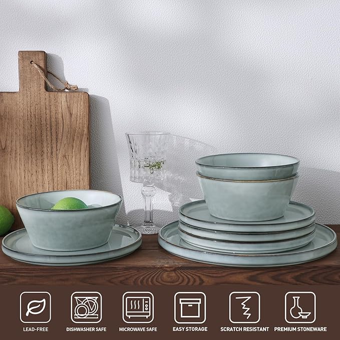 Famiware Annecy Dinner Plates and Bowls Sets, Stoneware Dinnerware Sets, Dishes Set for 6, 18 Pieces Handmade Dishware Set - Microwave & Dishwasher Safe, Double Reactive Glaze Tableware, Grey-Blue