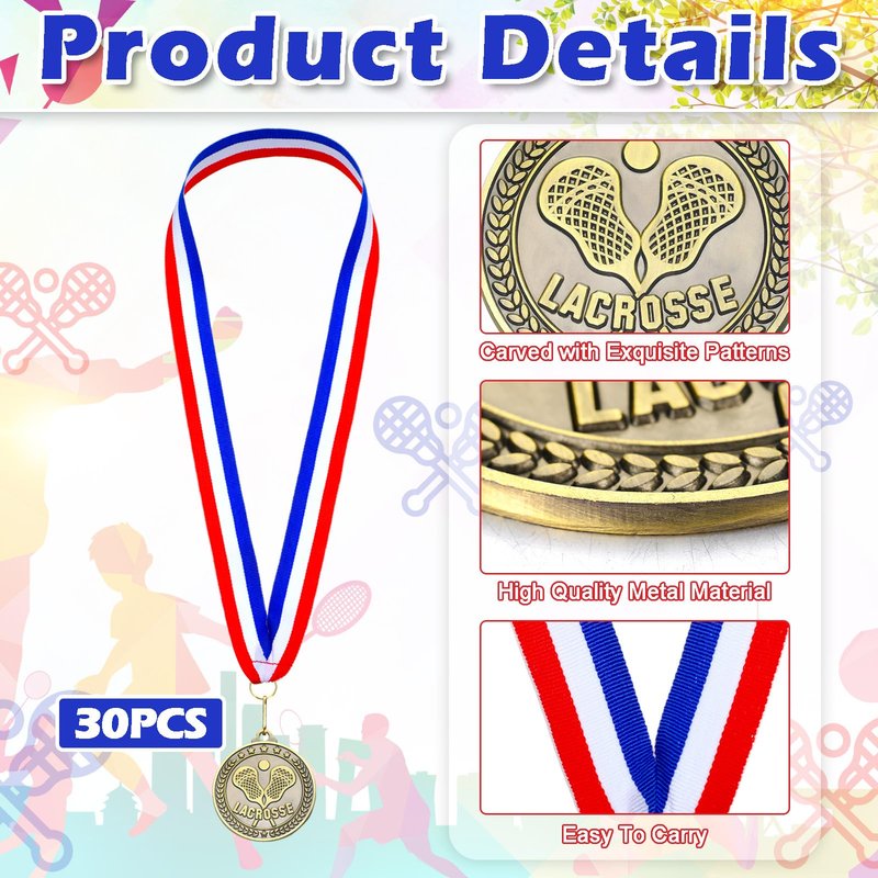 Remuuly 30 Pcs Gold Medals Bulk 2'' Basketball Soccer Baseball Volleyball Football Lacrosse Kickball Cheer Bowling Trophy Medals for Awards for Sports Participation Winner Gift(Gold,Lacrosse)