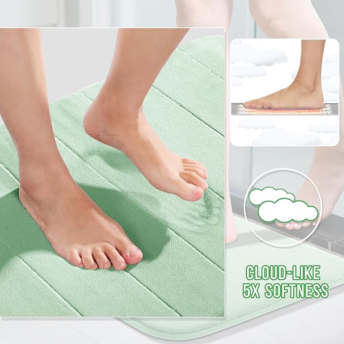Yimobra Memory Foam Bath Mat, Super Soft Absorbent Bathroom Rug Non Slip 31.5x20 Inch, Quick Dry, Machine Washable Floor Carpet for Tub Shower, Home Decor Accessories, Pale Green
