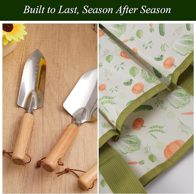 VerdantVibes 10-Piece Garden Tool Set - Heavy Duty Stainless Steel Gardening Kit with Wood Handle, Pruners & Vegetable Print Tote Bag - Unique Gardening Gifts for Women Mom Grandma