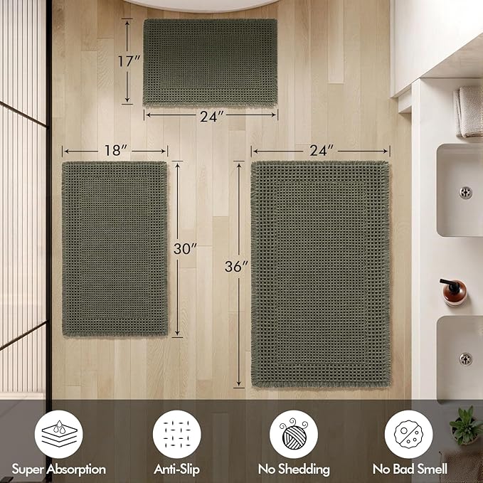MIULEE Set of 2 Waffle Bathroom Rugs, Boho Bath Rug Super Absorbent, Non Slip Washable Ultra Soft Rubber Backed Shower Bath Mats for Floor, Tub, Shower, Bordered Design, Green, 18x30 Inch