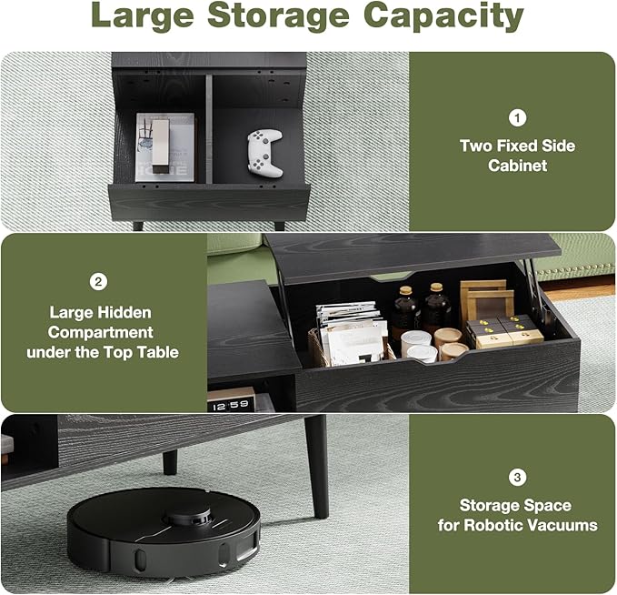 OLIXIS Wood Lift Top Coffee Table with Hidden Compartment and Large Storage Shelf, Lift Tabletop Dining Center Table for Home Living Room Office, Black