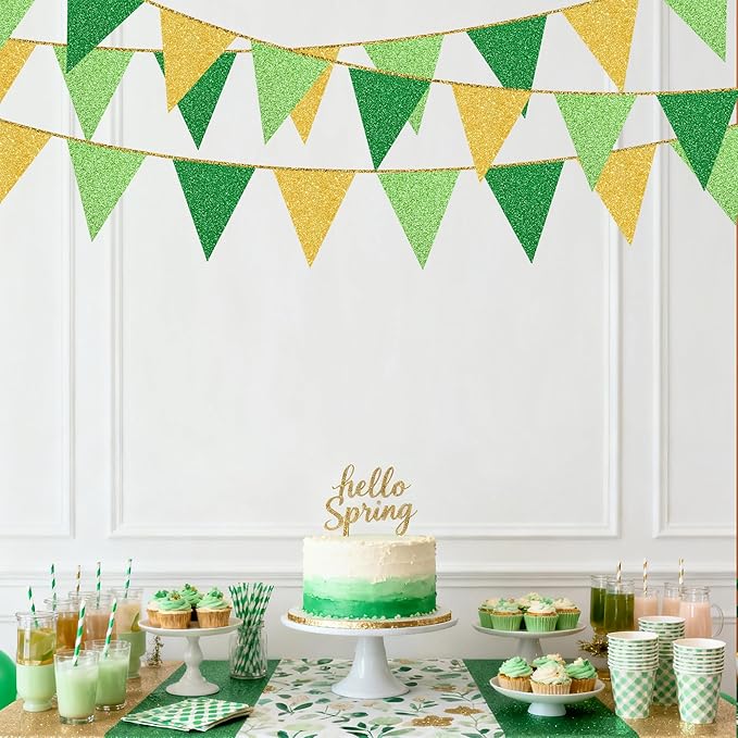 Green Gold Party Decorations Pennant Banner Flag Glitter Green Gold Triangle Hanging Bunting for Birthday Graduation Retirement Bridal Shower Wedding Bachelor Spring Summer Master Golf Themed Party