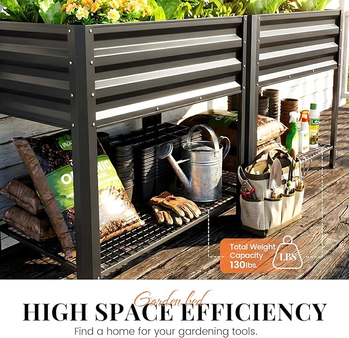 KING BIRD Large Raised Garden Bed with Legs & Storage Shelf Galvanized Elevated Planter Box for Backyard, Patio, Balcony, 600lb Capacity, Dark Grey 70.9x22.8x31.5 in