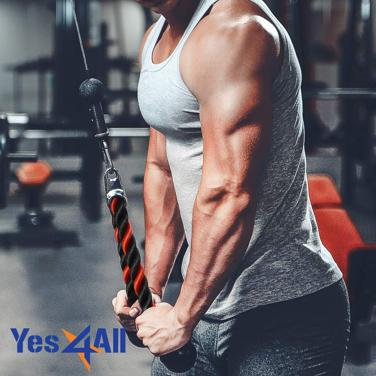 Yes4All Deluxe Tricep Rope - Adjustable 27 & 36 Inch Cable Attachment for Gym Pulley System | 4 Colors Available