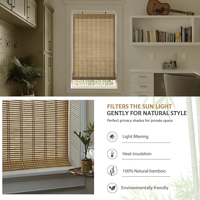 LazBlinds Cordless Bamboo Blinds, Roll Up Shades