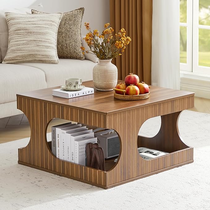 31.5" Square Coffee Table with Storage, Mid-Century Modern Center Table with Arched Cutouts and Carved Lines, 2-Tier Tea Table for Living Room, Cat-Friendly Base (Walnut)