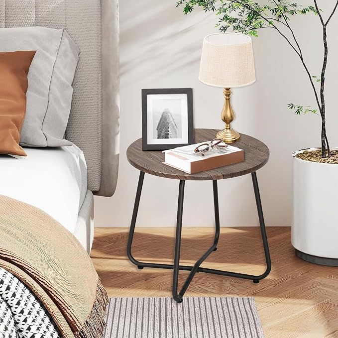 VECELO 17.7 inch Small Round Outdoor Side Table,Patio End Table,Waterproof Wood Table with Weather Resistant Steel Adjustable Feet for Living Room Bedroom Garden Yard Balcony Porch Poolside