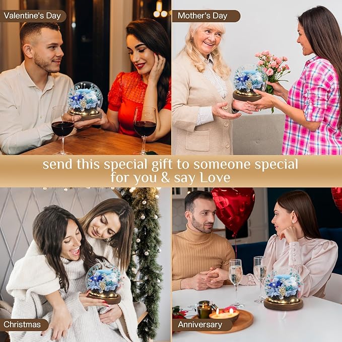 Preserved Flowers,Rose in Glass Dome with LED Light, Gifts for Her, Women, Mom,Grandma,Girlfriend, Wife - Style6