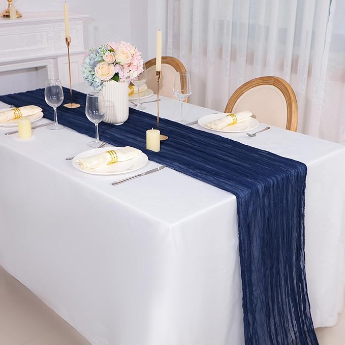 Snowkingdom 6PCS 10Ft Navy Blue Cheesecloth Table Runner, 120inch Long Cheese Cloth Boho Gauze Runner for Wedding Bridal Baby Shower Birthday Holiday Party Sheer Table Decorations