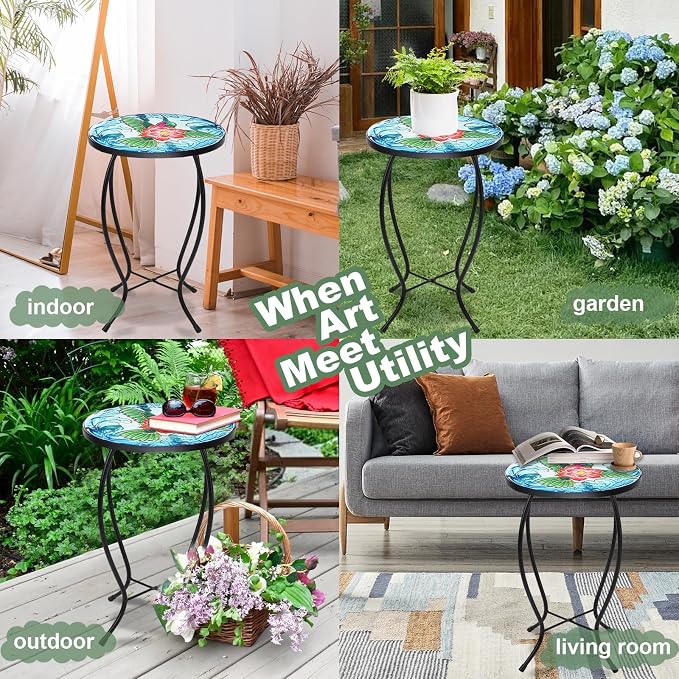 VCUTEKA Patio Side Table Outdoor Accent Table Bistro Coffee Table Plant End Table Small Porch Table Indoor Round Glass Balcony Plant Table Stands Hummingbird 14''
