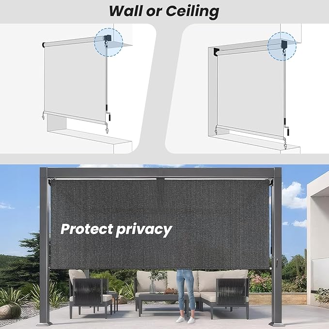 8'W x 6'H Gray Patio Shades Roll up Outdoor Roller Shade Crank Wand Blind