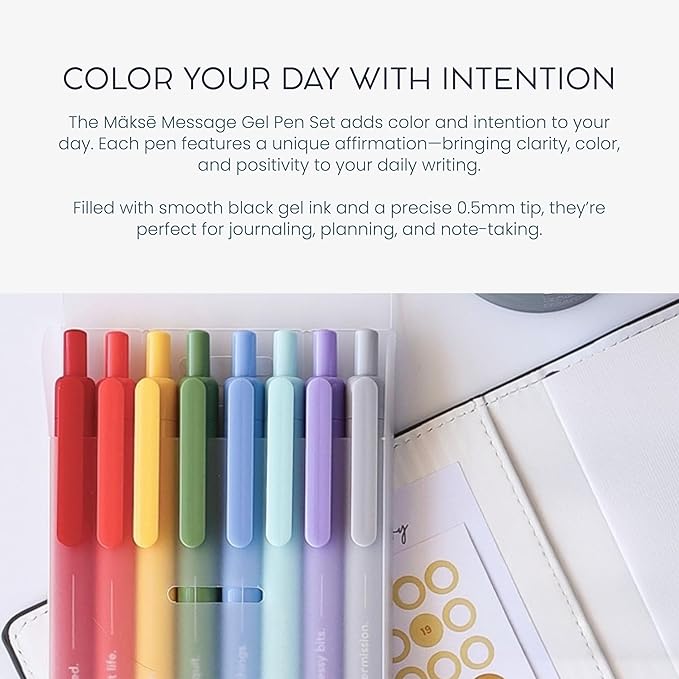 MäksēLife Makse Message Rainbow Gel Pens - Goal-Setting Writing Tools with Daily Affirmations for Personal Growth and Mindset Training, 8-Pack Set