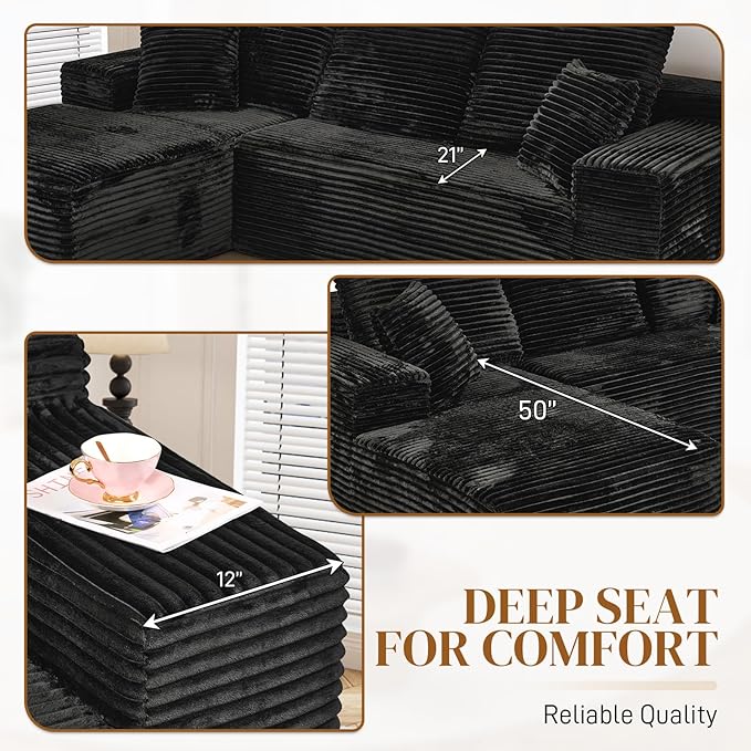 108" L Shaped Boneless Sectional Couches for Living Room, Wide Armrest, Deep Seat, Memory Foam, Assembly Free, Modern Comfy Corduroy Fluffy Cloud Sofa with Left Chaise, Black