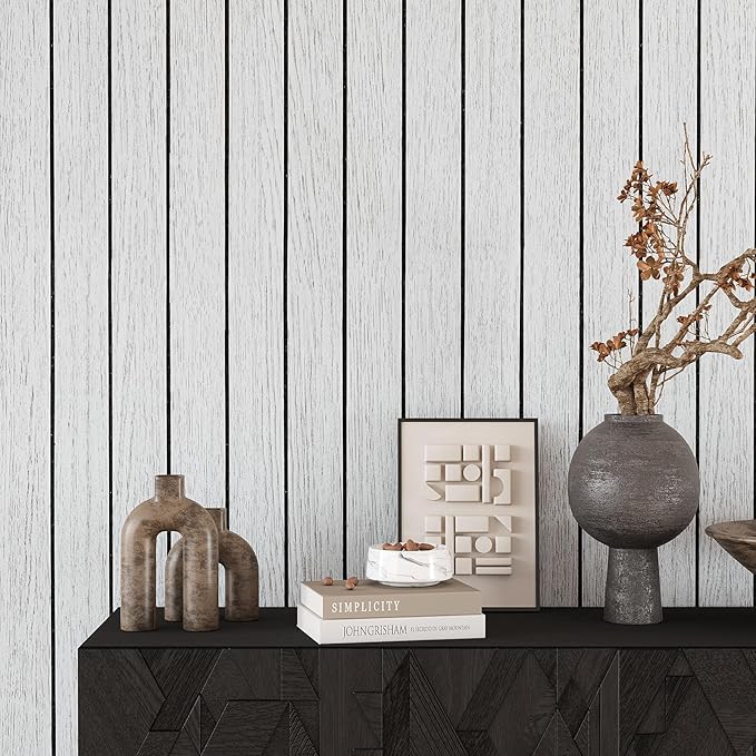 VEELIKE Whitewashed Oak Wood Wall Panel Peel and Stick Foam Slat Panels