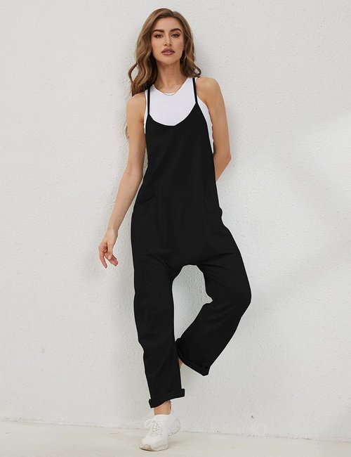 Lentta Women's Casual Jumpsuit - V Neck Sleeveless Harem Romper with Pockets | Stretchy Adjustable Straps
