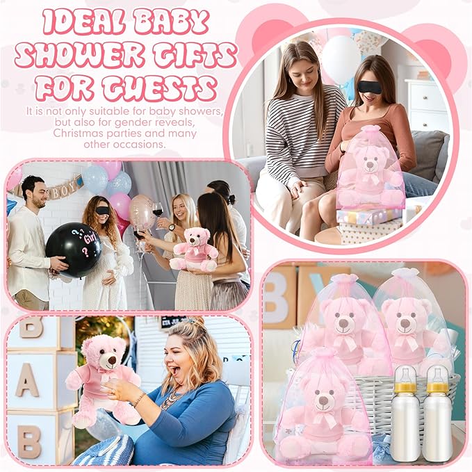 Soulchen 6 Set Bear Blindfolded Diaper Changing Baby Shower Games 14 Inch Bear Plushes with Dolls Diapers Bottles Shirts for Gender Reveal Bridal Shower Game Prize Gift Guest Adult(Pink)