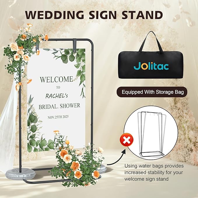Jolitac Wedding Welcome Sign Holder, Adjustable Wedding Sign Stand Leather Hanging Straps & Design Bundle Heavy Duty Metal Easel Stand for Seating Charts, Bridal Showers, Birthday Party Displays