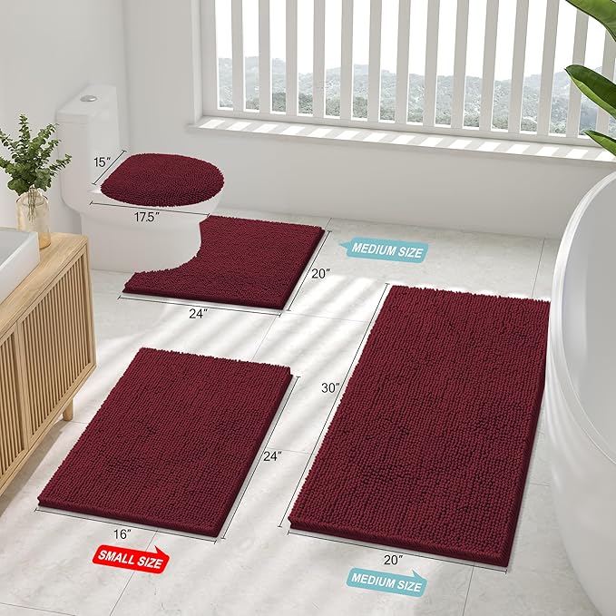Smiry Luxury Chenille Bathroom Rugs 24x16, Extra Soft and Absorbent Shaggy Bath Mat, Machine Washable, Non-Slip Plush Carpet Runner for Tub, Shower, and Floor, Home Decor Accessories, Burgundy