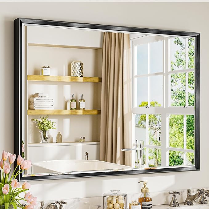 40 x 30 Black Framed Mirror for Bathroom, Beveled Black Bathroom Vanity Mirror