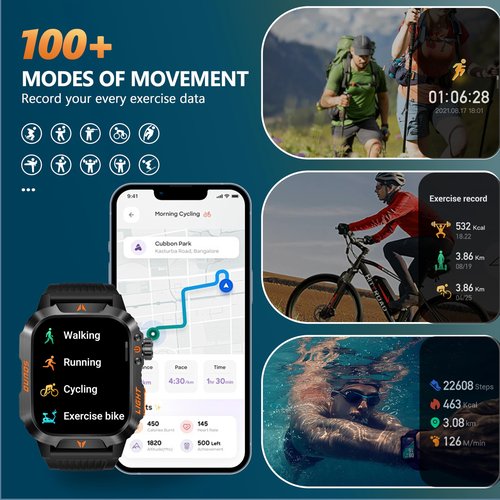 QTLLBT Smartwatch LED Flashlight Barometer Altimeter Compass 2.01HD Fitness Tracker Pedometer Multiple Watch Faces 100+ Sports Modes Sleep Heart Rate for Android iOS Men's Watch (Blue)