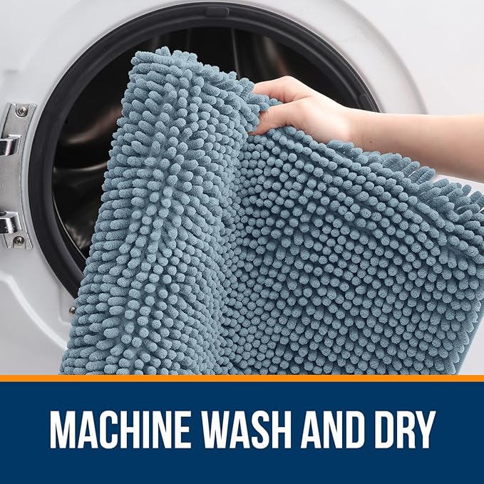 OLANLY Bathroom Rugs 30x18, Extra Soft Absorbent Chenille Bath Rugs, Rubber Backing Quick Dry, Machine Washable Bath Mats for Bathroom Floor, Tub and Shower, Home Decor Accessories, Airy Blue