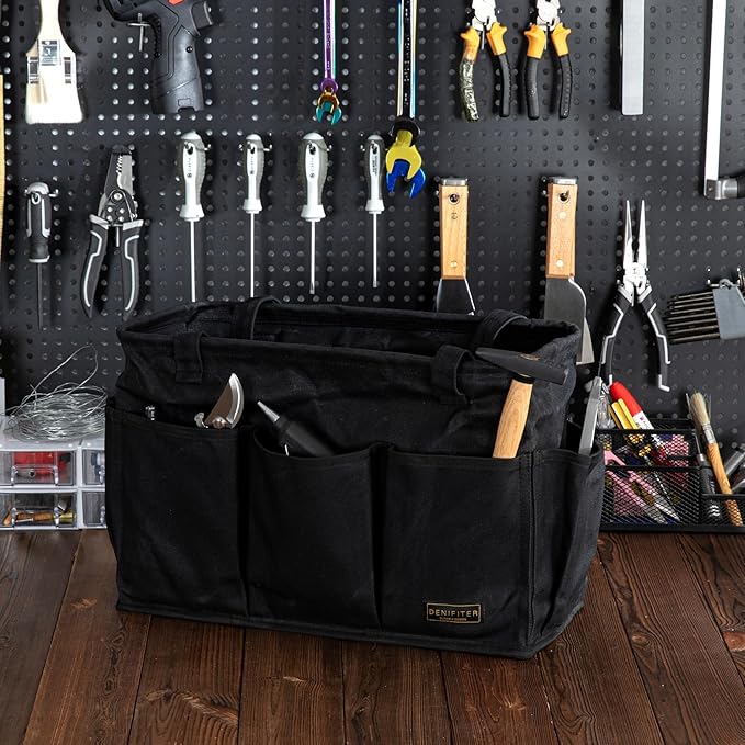 Heavy-Duty 16 oz. Waxed Canvas Tool Bag with 9 Pockets – Foldable Open-Top Design Featuring Dual Carry Handles, 15.5"x7.5"x10.5"
