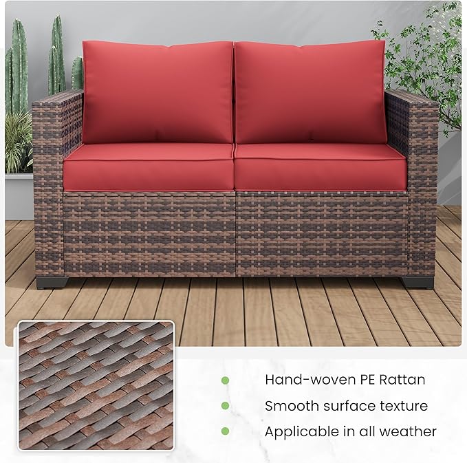 Amopatio Patio Loveseat, Outdoor Furniture 2-Seat Wicker Porch Furniture Outdoor Couch Sofa with Water-Resistant Cover & Non-Slip Cushions, Premium Patio Set,Burgundy