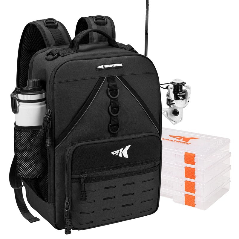 KastKing KarryAll Fishing Tackle Backpack with Rod Holder 4 Tackle Boxes,40/26L Tackle Bag Storage Fishing Gear and Equipment,Black,Medium