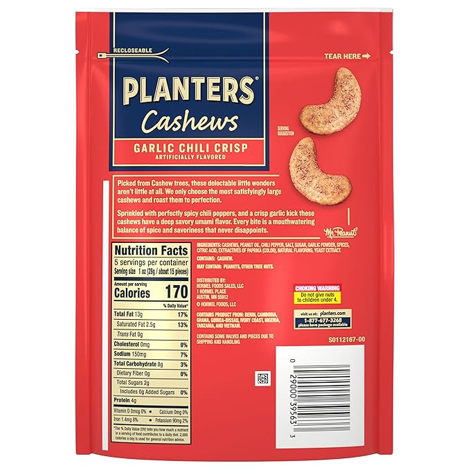 PLANTERS Garlic Chili Crisp Cashews, 5oz Bag (Pack of 4)