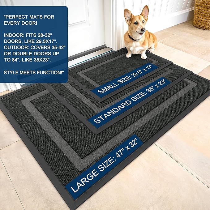 OLANLY Front Door Mat Indoor Outdoor Entrance, Waterproof All-Season, All-Weather Doormat, Sturdy Natural Rubber, Fade Resistant, Low Profile, Easy Clean Patio Porch Entryway Mat, 47x17, Black
