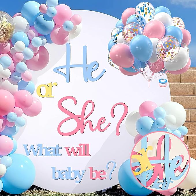 Large Wooden He or She Gender Reveal Sign Decals with 30 PCS Pink Blue Balloons 12 Inch Oh Baby Shower Sticker What Will Baby Be Backdrop Decoration Girl or Boy Sign for Pregnancy Backdrop Photo Props
