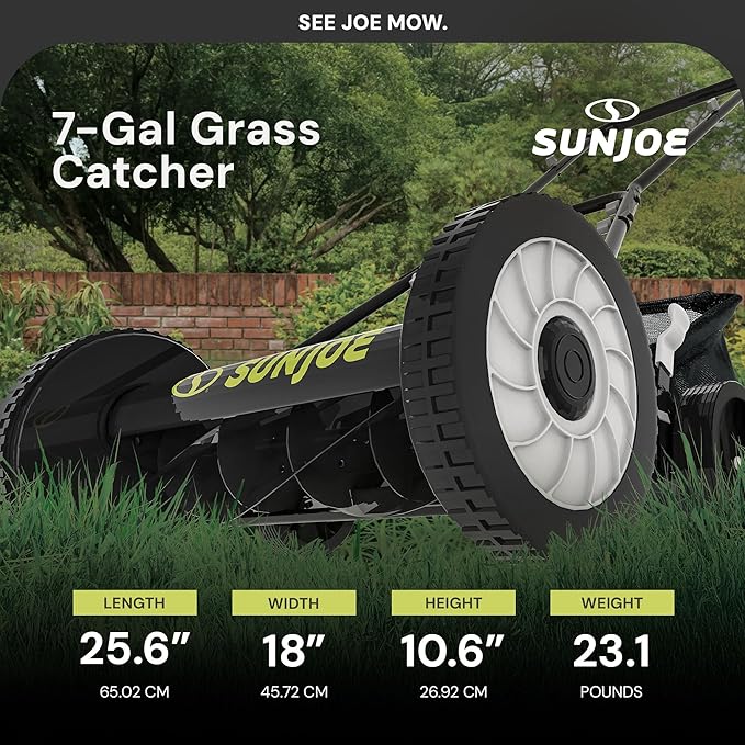 Sun Joe MJ501M w/ 7-Gallon Detachable Grass Catcher, 9-Position Height Adjustment, 5 Steel Blades, Compact Design, 18-Inch Manual, Green/Black