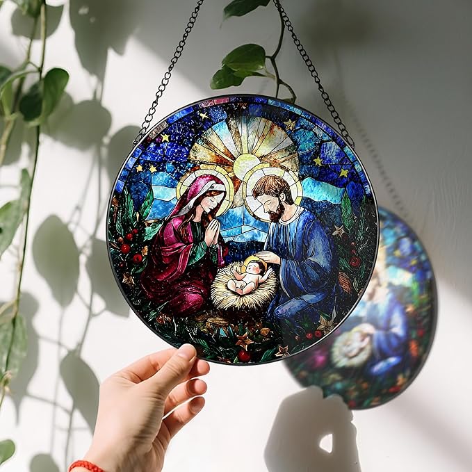 8-Inch Nativity Scene Stained Glass Suncatcher Ornament, Stained Glass Window Hanging & Nativity Religious Ornament, Christian Home Decor — Gifts for Christmas, Christian Gift, Religious Gift
