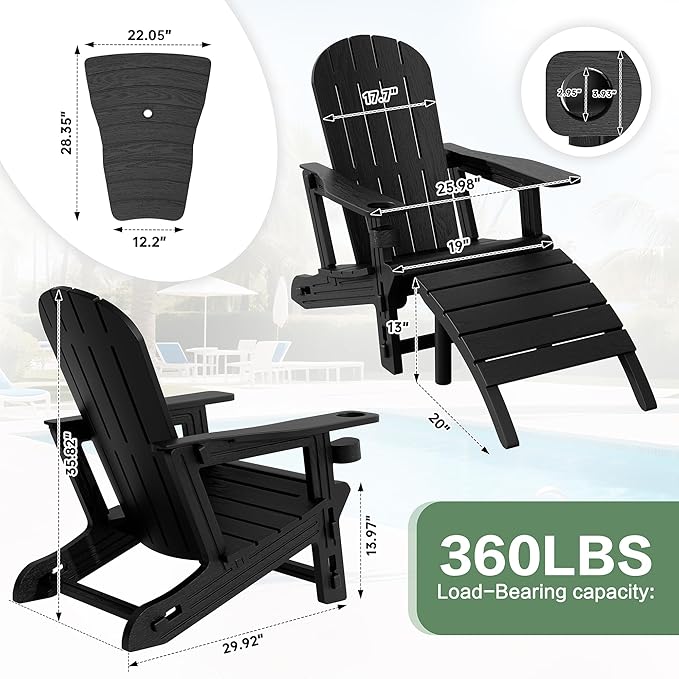 JY QAQA Outdoor Adirondack Chair Set of 2 with Detachable Table & Ottoman, All-Weather HDPE Patio Furniture with Wood Texture & Cup Holder for Patio, Poolside, Garden, Black