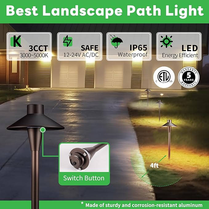 LED Pathway Lights Wired, 12V Landscape Path Lights 3000K/4000K/5000K Adjustable, Low Voltage Outdoor Waterproof, 5W 150LM ORB Aluminum for Lawn Garden 8 Pack