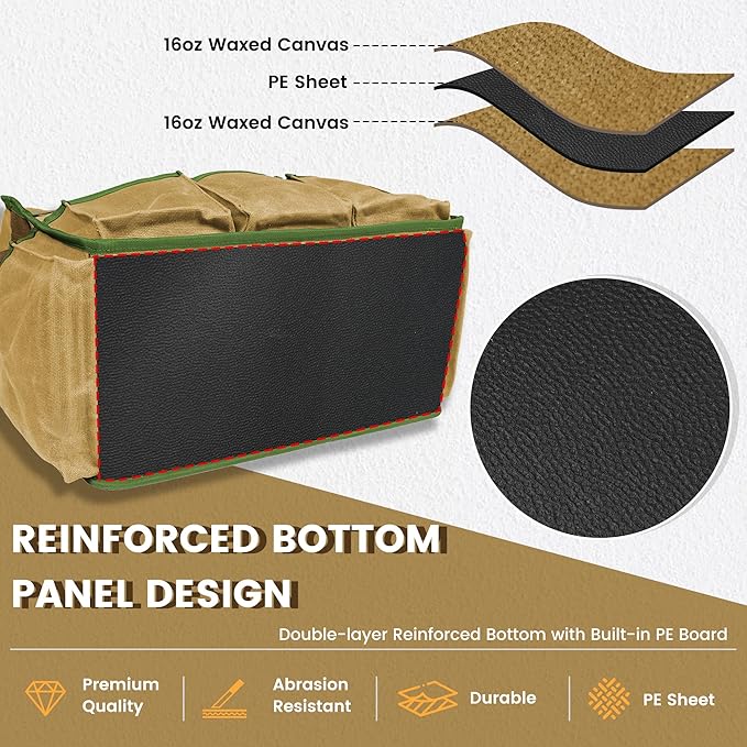 Canvas Tool Bag, 16OZ Waxed Canvas Tool Tote Bag with Metal Zipper & 12-Pocket Design, Multi-Purpose Garden Tool Storage Tote for Electrician Gardener Plumber | Khaki | 14.5"L x 7.5"W x 10"H