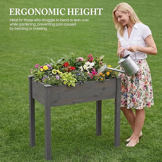 DUMOS Raised Garden Bed with Legs, 34x18x30 Inch Planter Box Outdoor with Liner for Herbs Flowers Vegetables, Elevated Wooden Garden Bed for Patio, Balcony and Backyard, Dark Grey